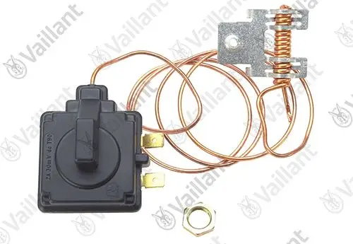 Vaillant Temperaturbegrenzer und Abgassensor mit kupfernen Leitungen, einem quadratischen schwarzen Gehäuse und einer Metallbefestigung.